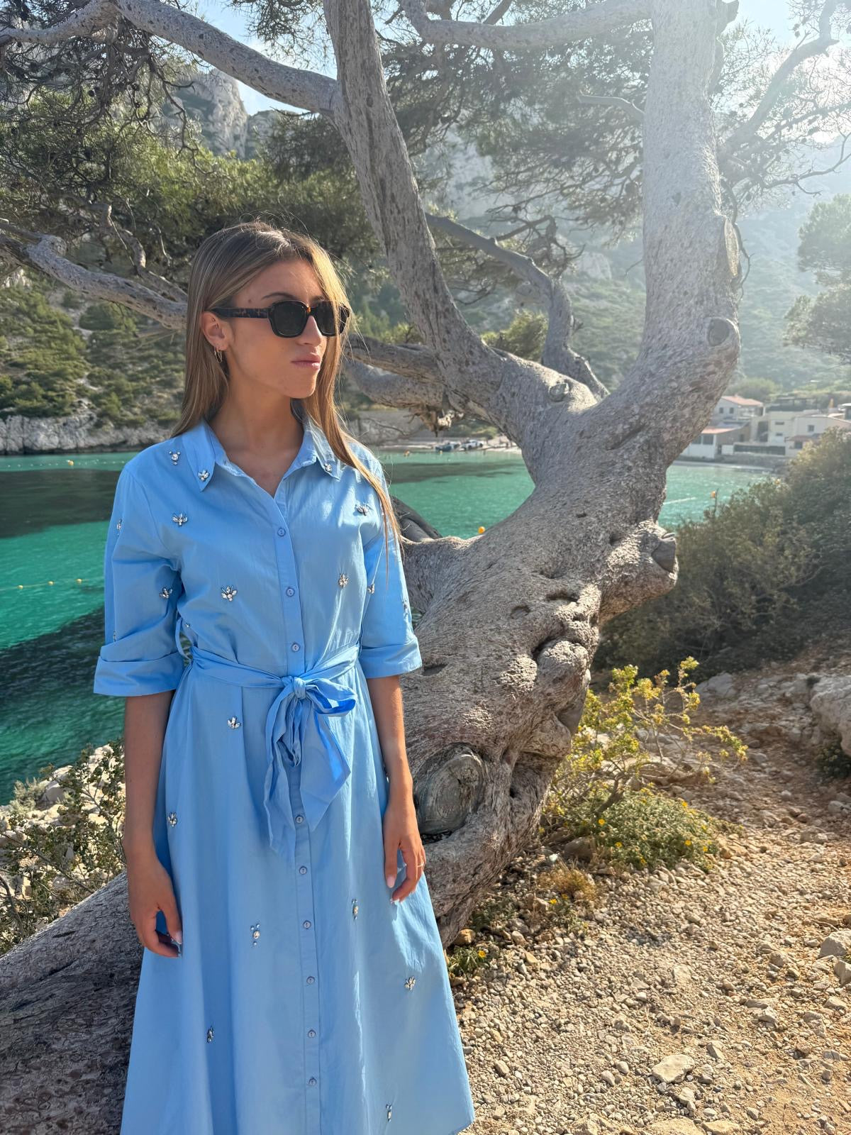 Robe bleu ornée de brillant